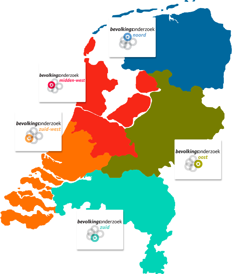 Dit landkaartje laat zien hoe Nederland in vijf screeningsregio’s is opgedeeld. 