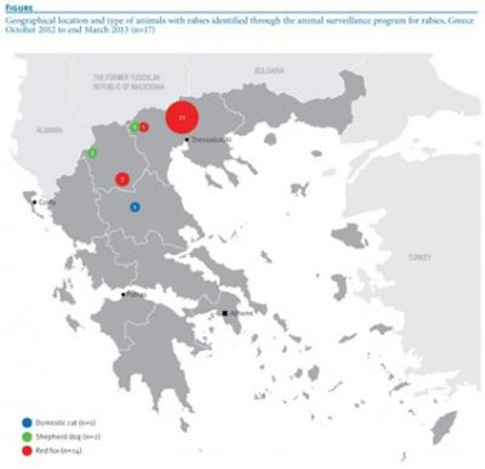 Overzichtskaart voorkomen van rabies in Griekenland