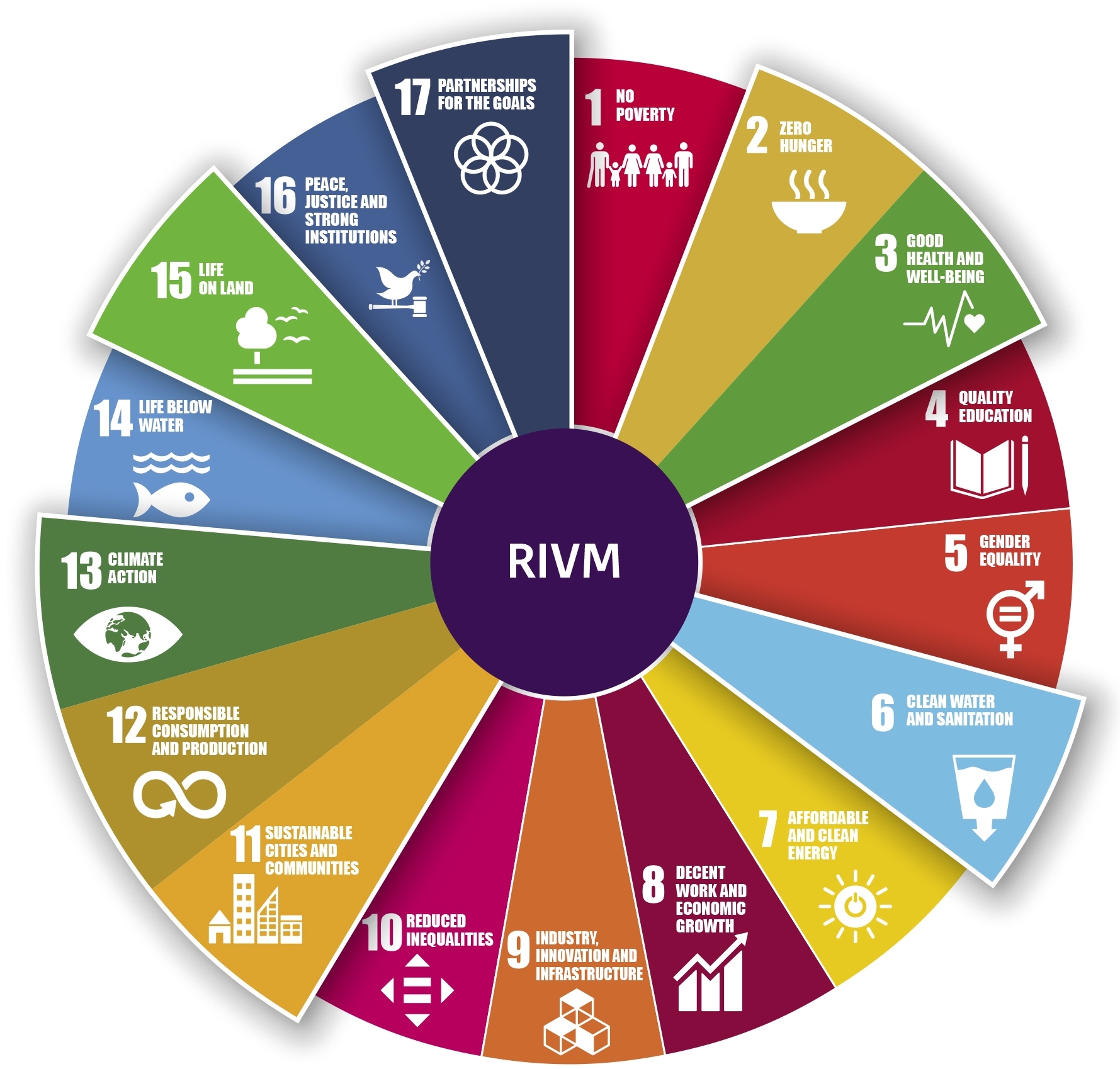 Circle depicting the eight SDG's RIVM is contributing to 