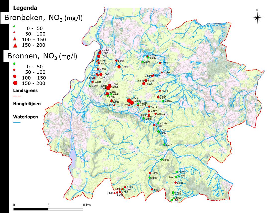 Kaartje dat de nitraatconcentraties in bronnen en bronbeken in Zuid-Limburg in 2009 laat zien