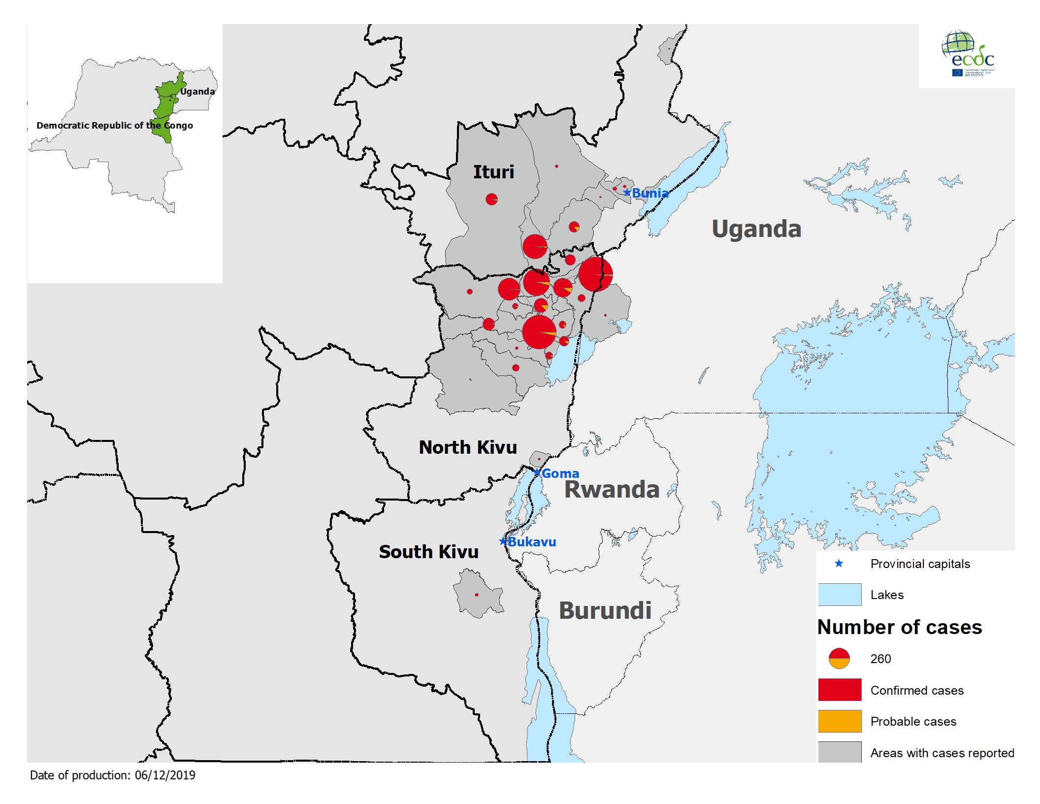 Gebieden waar ebolagevallen zijn in Congo: Noord-Kivu en Ituri.