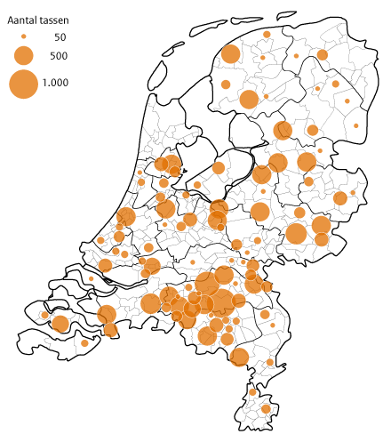 Gemeenten met aanvragen (aantal tassen) voor de campagne ‘Deel je zorg’.