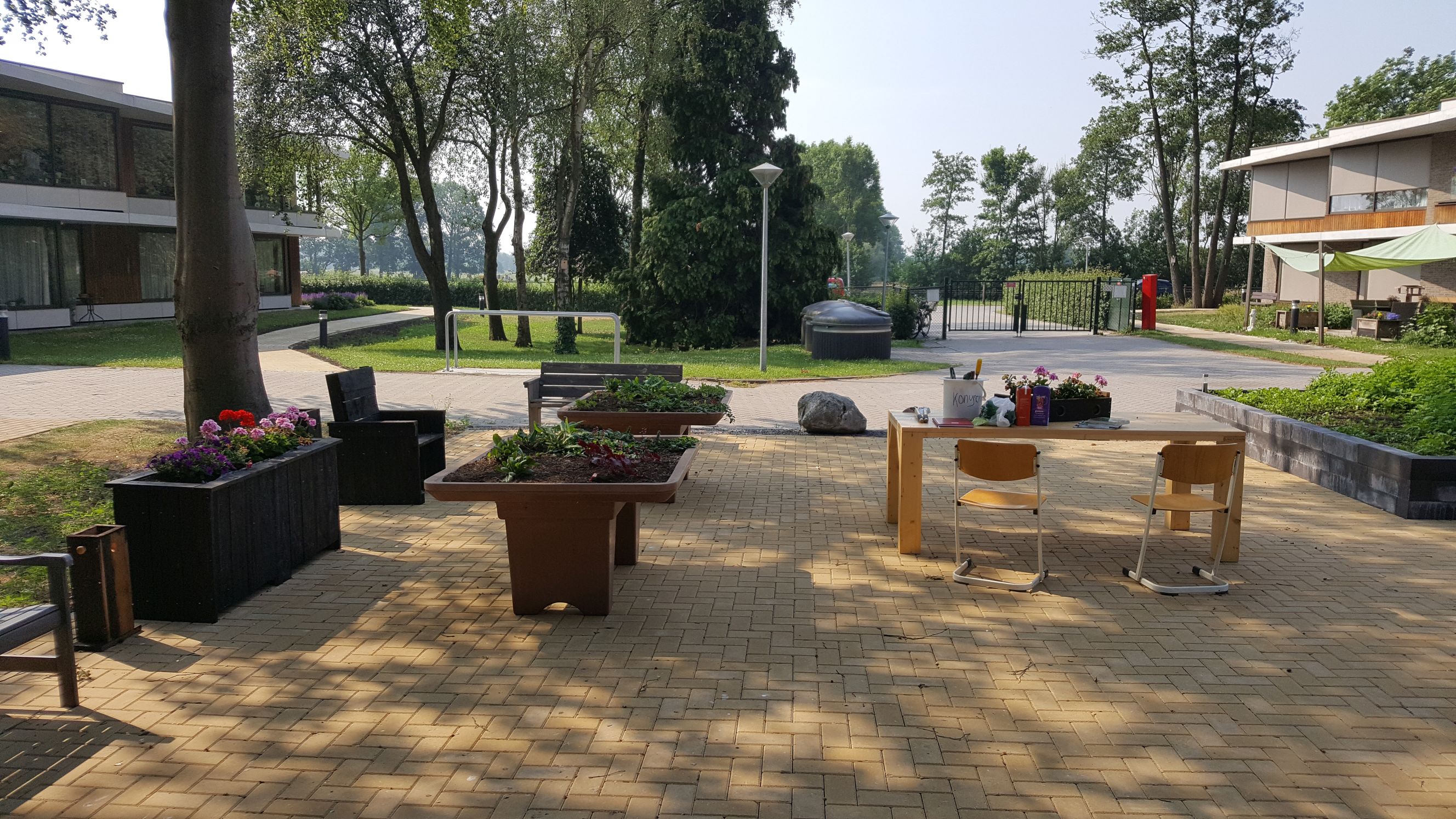 Buiten bij de Schiphorst, een tafel met planten, bomen, gras, bestrating