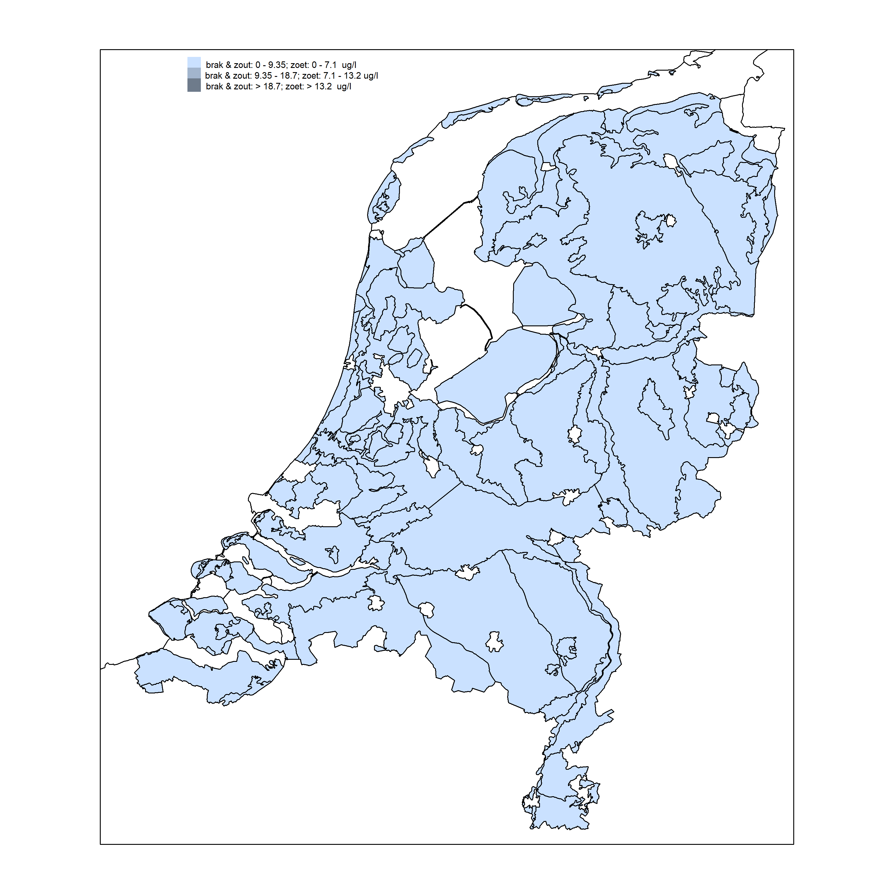 Kaart van Nederland met mediane arseenconcentratie per gebied in het ondiepe grondwater in ecodistrictgebieden in de periode 2015-2018
