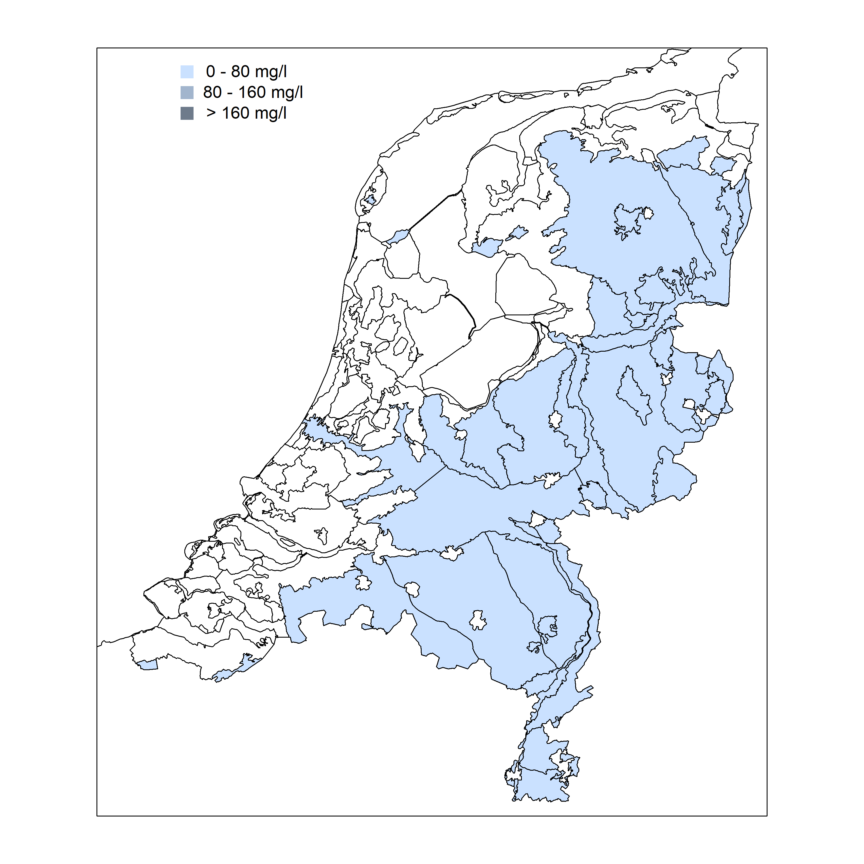 Kaart van Nederland met mediane chlorideconcentratie per gebied in het middeldiepe grondwater in ecodistrictgebieden in de periode 2015-2018