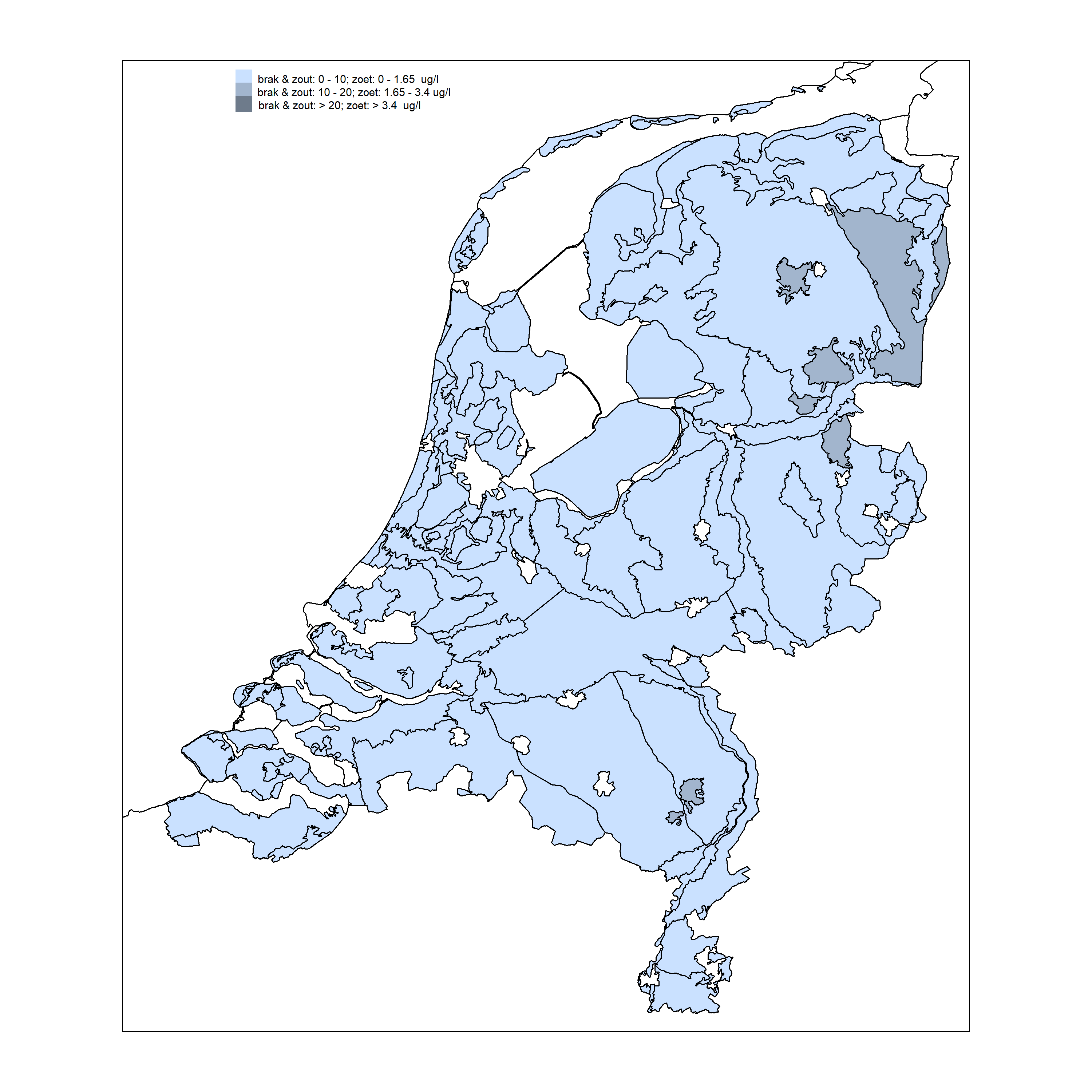 Kaart van Nederland met mediane chroomconcentratie per gebied in het ondiepe grondwater in ecodistrictgebieden in de periode 2015-2018
