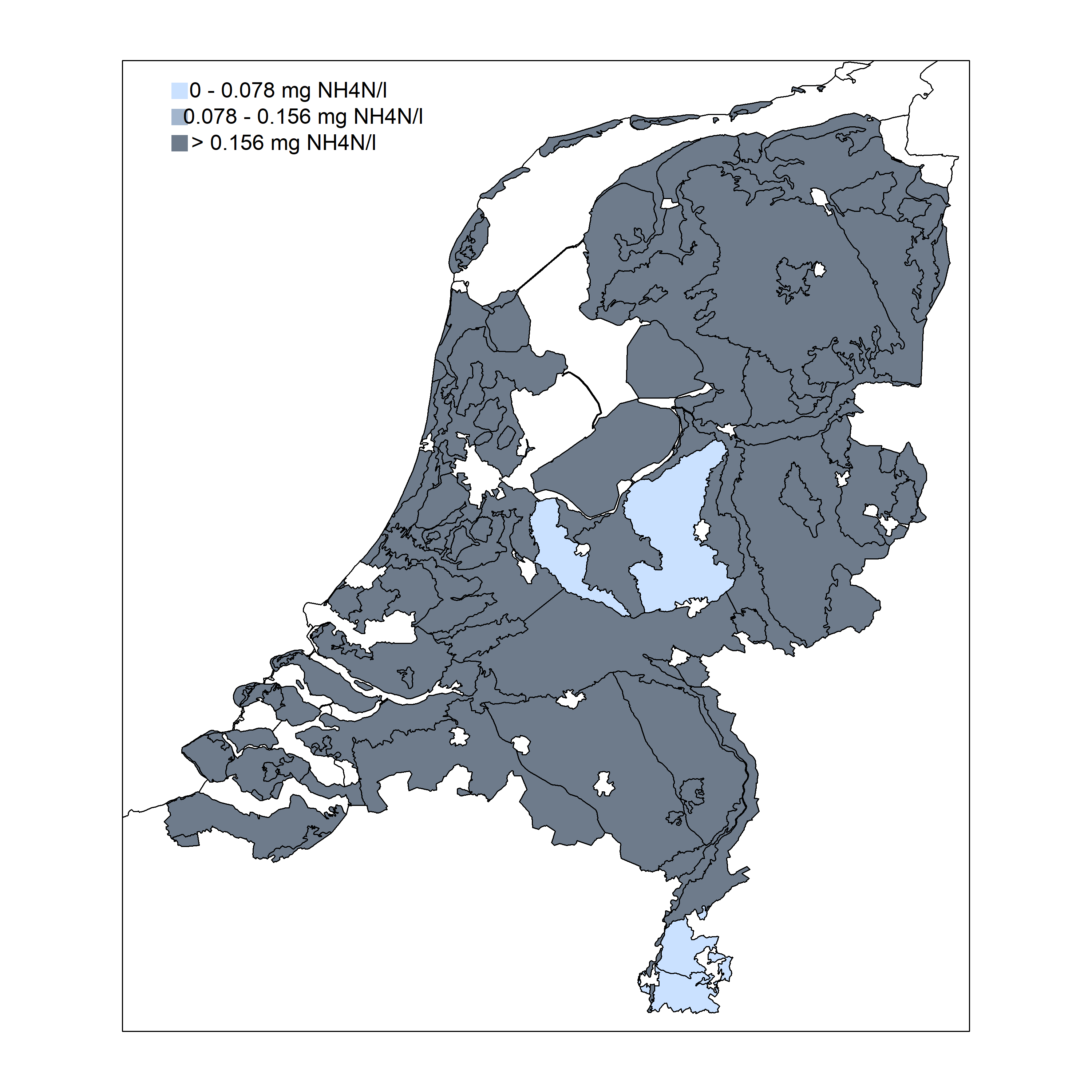 Kaart van Nederland met mediane ammoniumconcentratie per gebied in het middeldiepe grondwater in ecodistrictgebieden in de periode 2015-2018