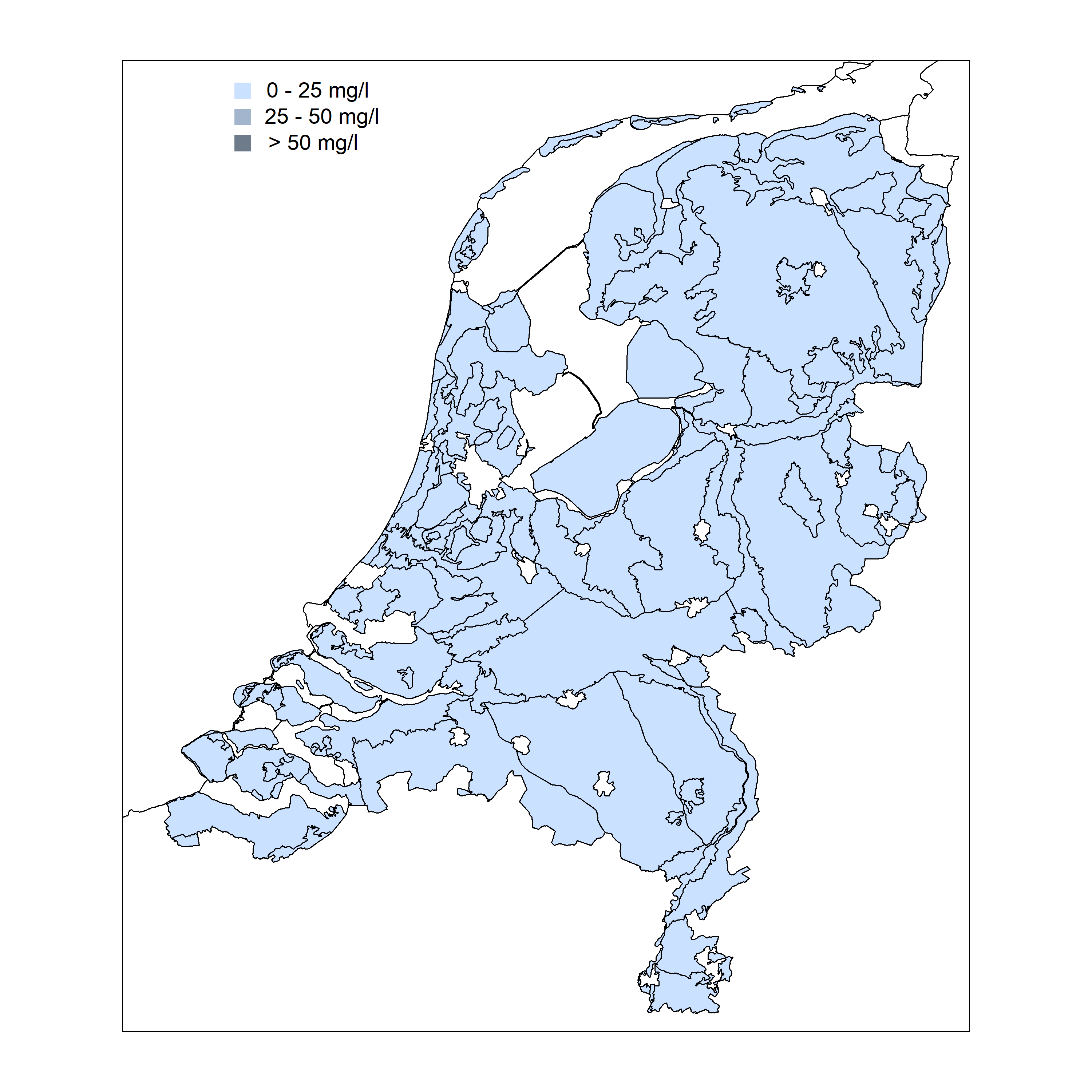 Kaart van Nederland met mediane nitraatconcentratie per gebied in het middeldiepe grondwater in ecodistrictgebieden in de periode 2015-2018