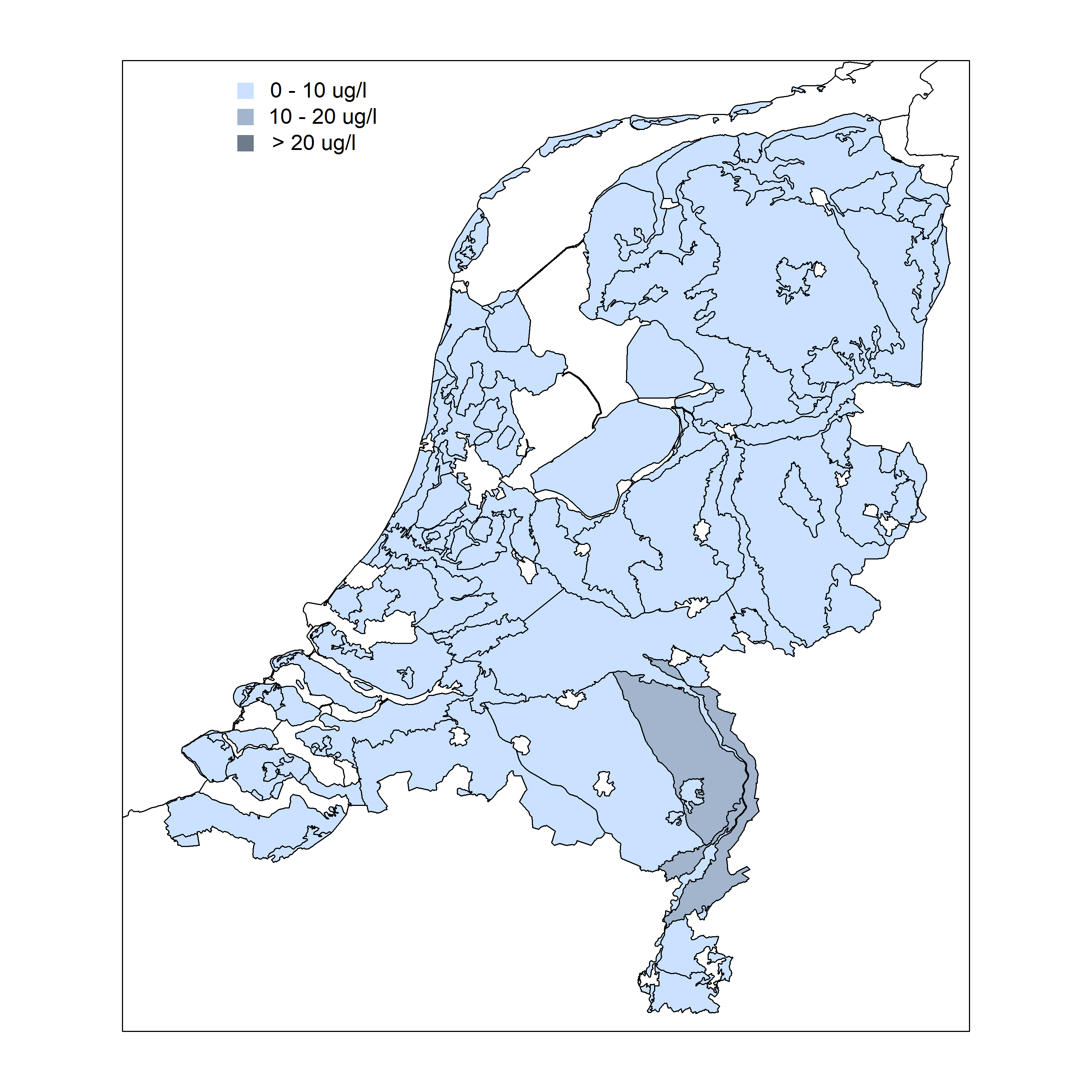 Kaart van Nederland met mediane nikkelconcentratie per gebied in het ondiepe grondwater in ecodistrictgebieden in de periode 2015-2018