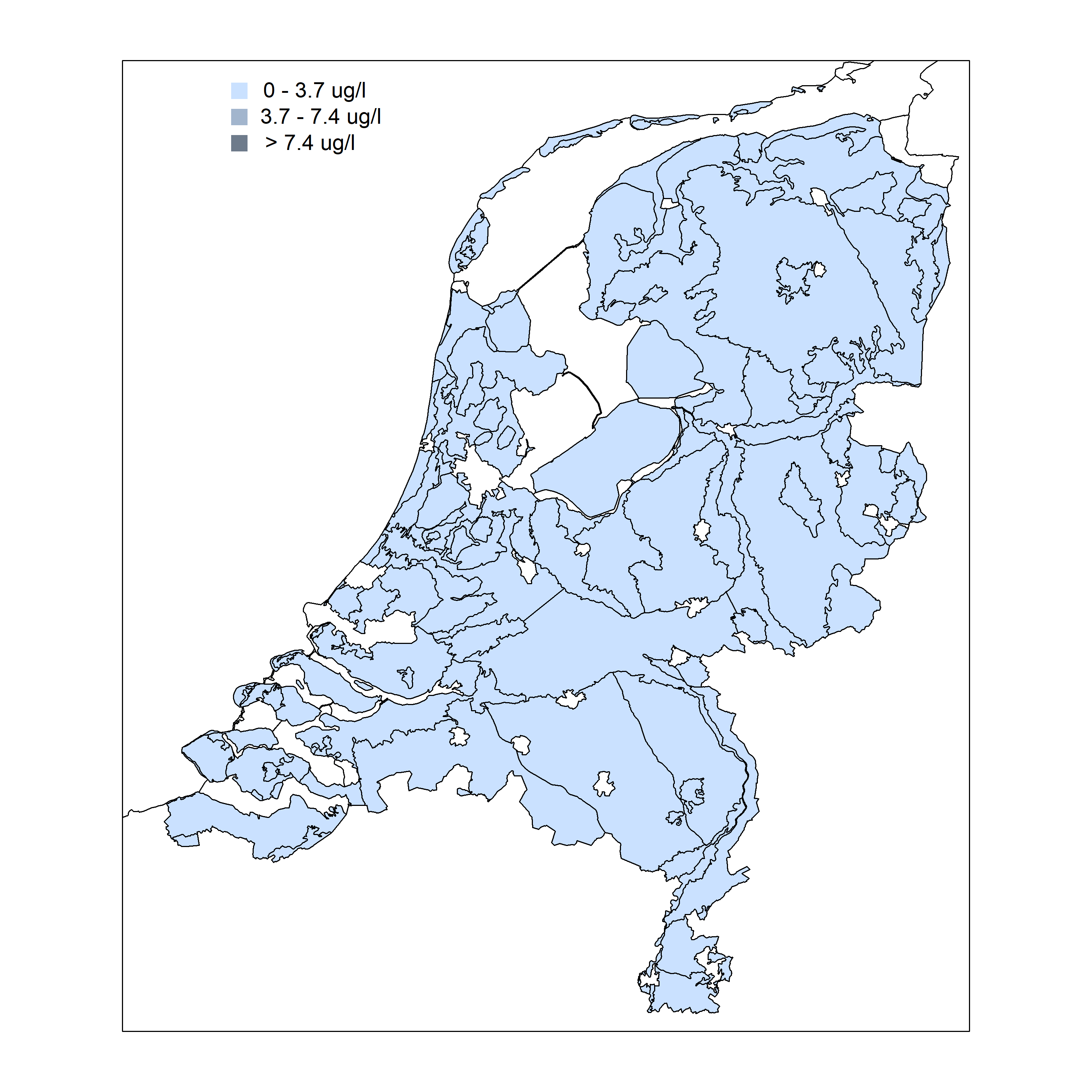 Kaart van Nederland met mediane loodconcentratie per gebied in het middeldiepe grondwater in ecodistrictgebieden in de periode 2015-2018
