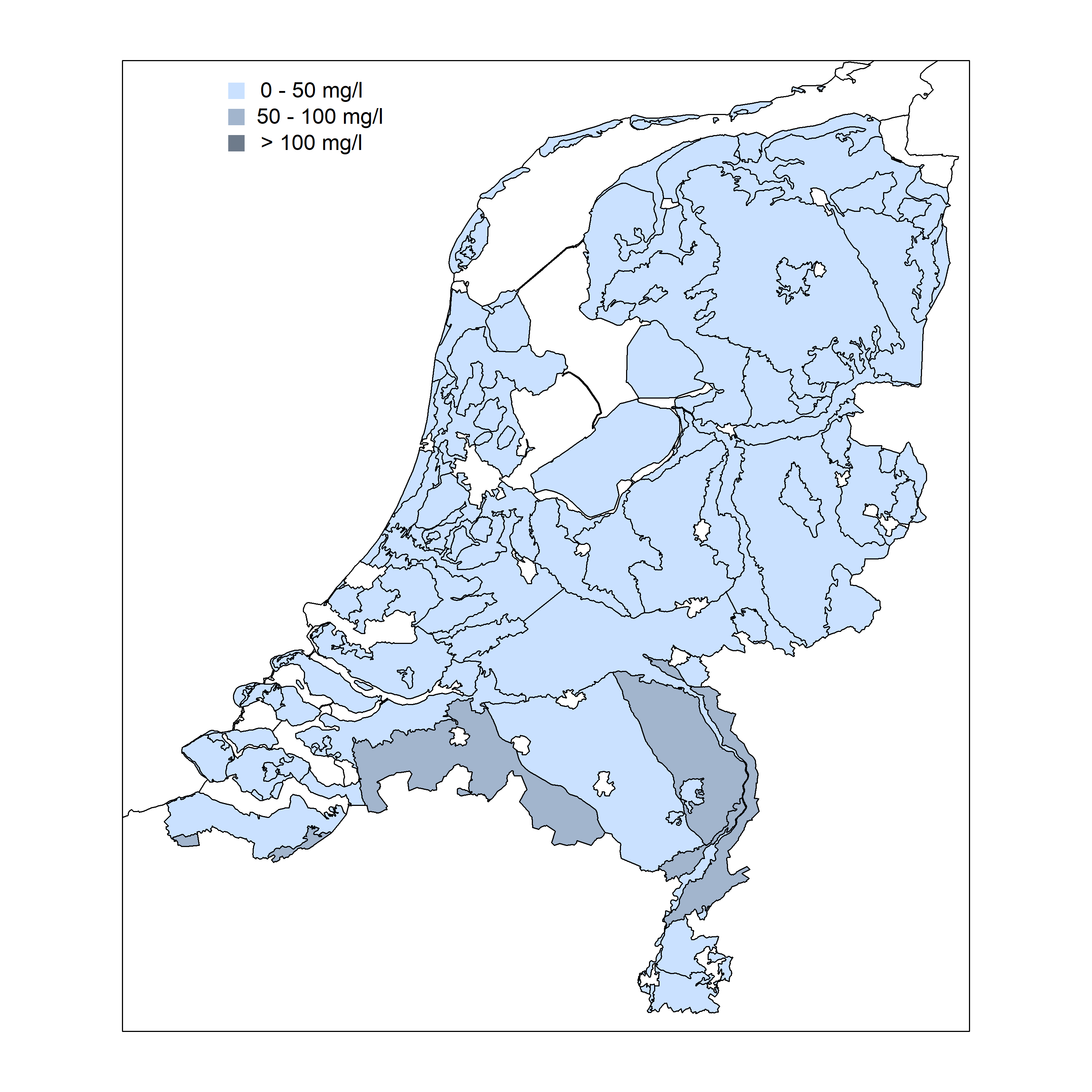 Kaart van Nederland met mediane sulfaatconcentratie per gebied in het ondiepe grondwater in ecodistrictgebieden in de periode 2015-2018