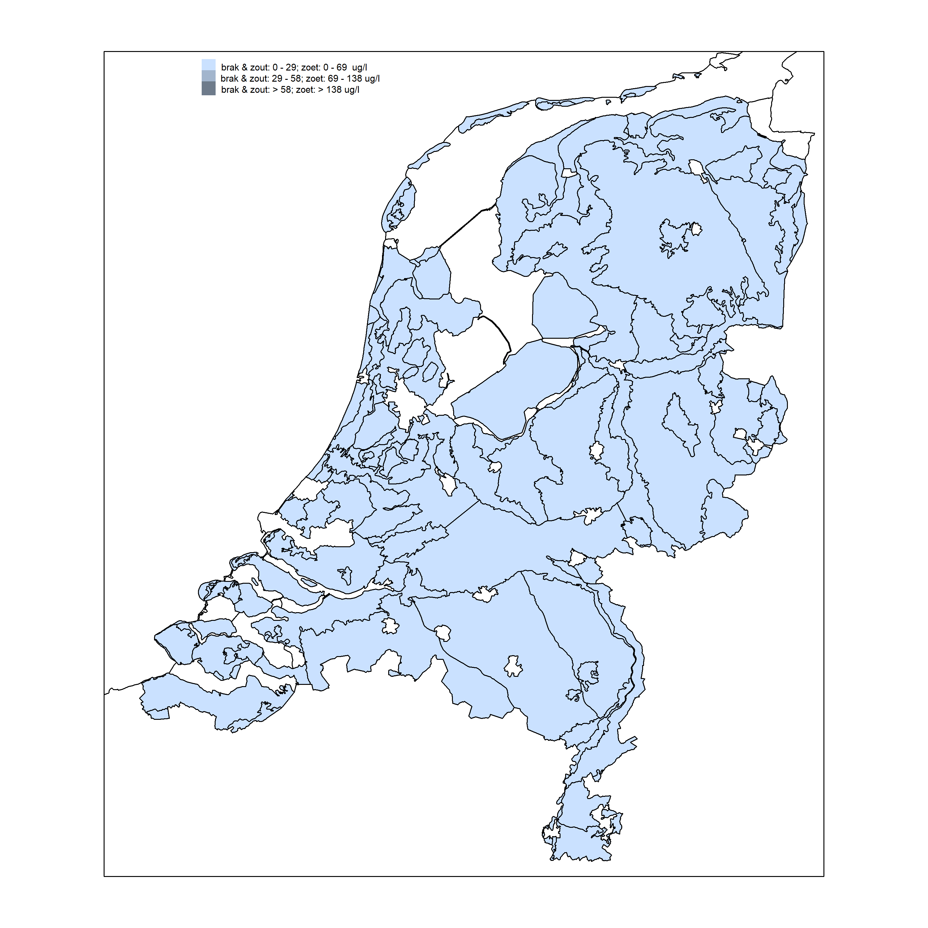 Kaart van Nederland met mediane zinkconcentratie per gebied in het middeldiepe grondwater in ecodistrictgebieden in de periode 2015-2018