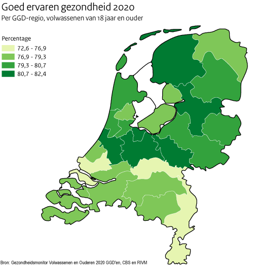 Goed ervaren gezondheid 2020 per GGD-regio 18 jaar en ouder