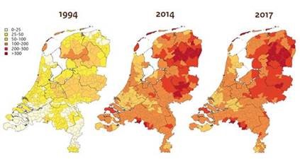 Sinds 1994 gingen in heel Nederland meer mensen naar de huisarts voor een tekenbeet.