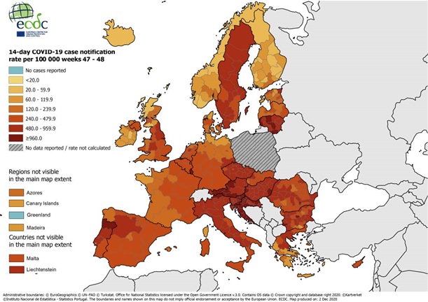 Aantal COVID-19-meldingen in week 47 en 48 in de EU/EEA en het VK per 100.000 inwoners per landregio’s. (Bron: ECDC)