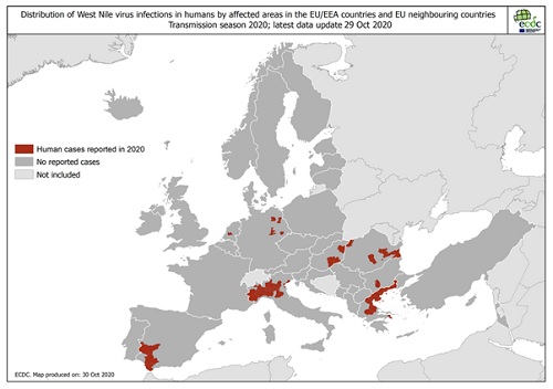 Aantal gerapporteerde mensen met een WNV-infectie in EU/EEA-landen en EU-buurlanden; transmissieseizoen 2020 (laatste update 29 oktober 2020) (Bron: ECDC)