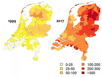 Geografische verdeling per gemeente van Lyme (erythema migrans) in Nederland, per 100.000 inwoners in 1994 en 2017 (2)