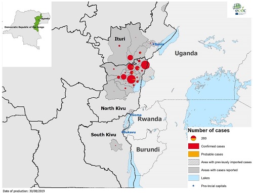 Geografische verdeling van bevestigde en waarschijnlijke patiënten met ebola, DRC en Uganda, week 31, 2018 t/m week 35, 2019.(Bronnen: ECDC CDTR , WHO DON, Ministère de la Santé DRC, ECDC RRA, WHO SAGE,  WHO Africa, WHO news , LCI-richtijn)