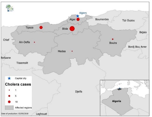 Geografische distributie van cholerapatiënten in Algerije, 7 tot 30 augustus 2018.(Bron ECDC)