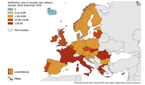 Meldingsrate van mazelen (per miljoen inwoners) per land in de EU/EEA, 1 januari 2018 t/m 31 december 2018. Bron: ECDC.