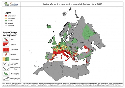 Verspreiding van Aedes albopictus in Europa op regionaal-provinciaal niveau
