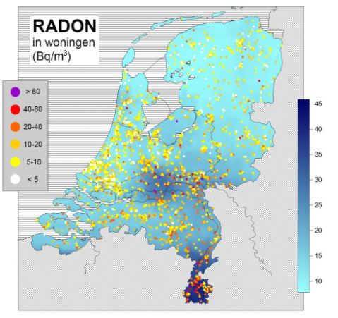 Radon in woningen weergegeven op kaart van Nederland