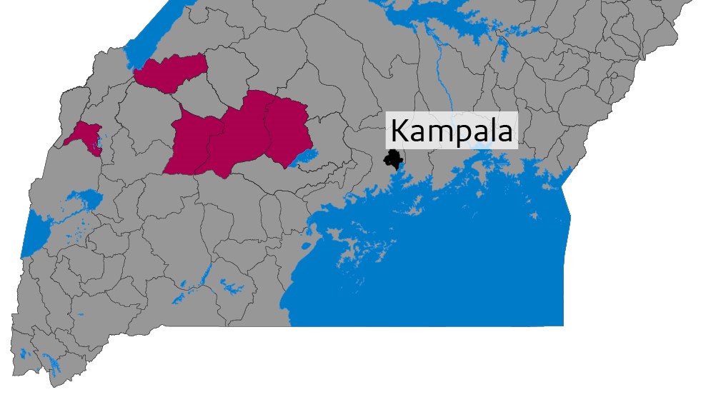 map of Uganda showing the capital city of Kampala and coloured areas where Ebola has been detected: Mubende, Bunyangabu, Kyegegwa, Kasanda, Kagadi).