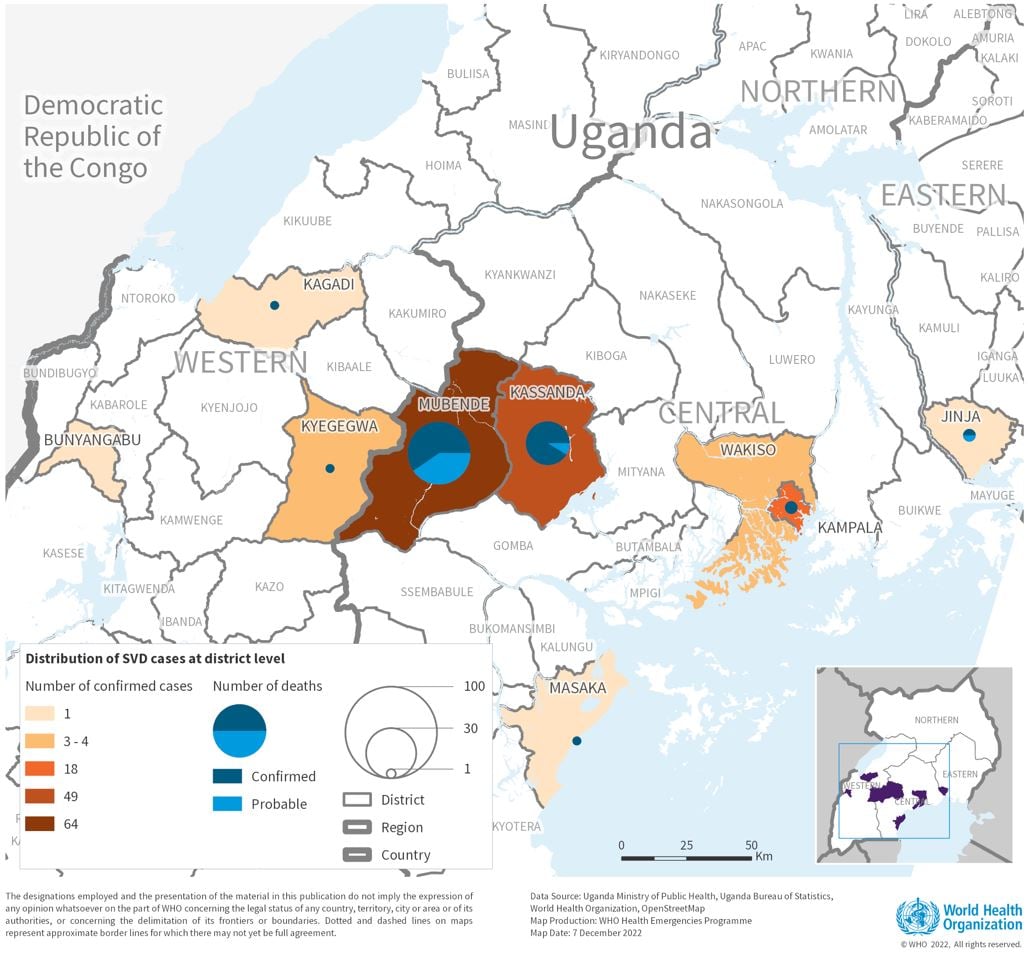 Aantal ziekte- en sterfgevallen Ebola per regio in Oeganda