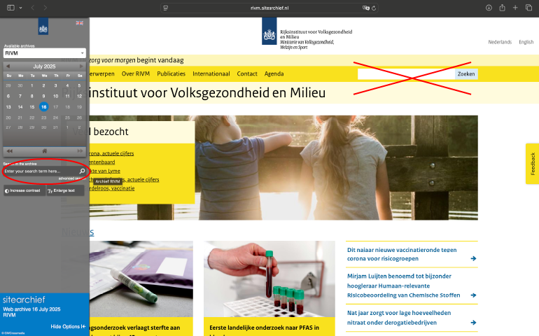 Screenshot van RIVM archiefwebsite