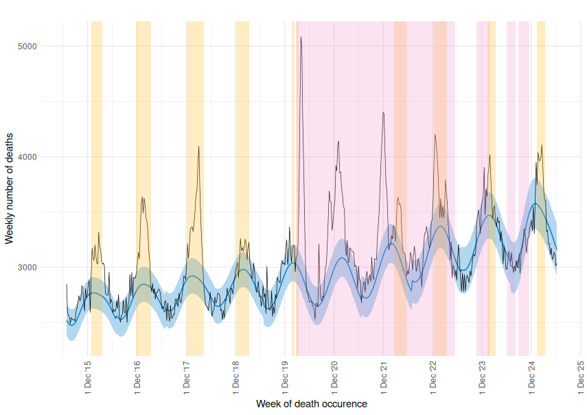  This graph shows the trends in the weekly number of deaths in the Netherlands from July 2014 through June 2025. The figures reveal a recurring pattern: more people die in winter than in summer. In the 2020/2021 respiratory season, there was no influenza epidemic. During the COVID-19 pandemic, there were also several periods with excess mortality. Sometimes, an increase in the number of deaths can also be seen in summer. These weeks overlap with hot periods.