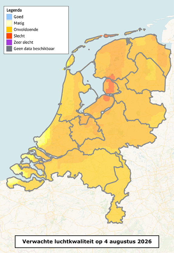 Kaart van NL met smogverwachting 4 augustus 2026