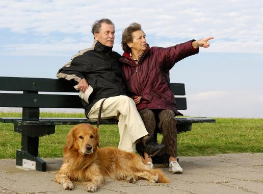 man en vrouw met hond op een bankje