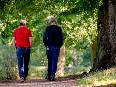 Twee mannen lopen tijdens wandeloverleg in een groene omgeving