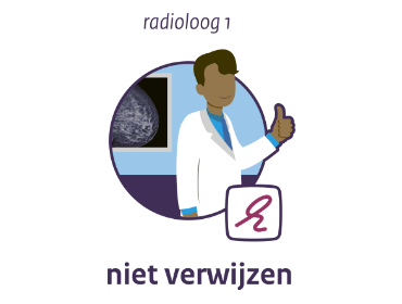 Illustratie: radioloog 1 met duim omhoog, alles is goed, patient niet verwijzen voor verder onderzoek.