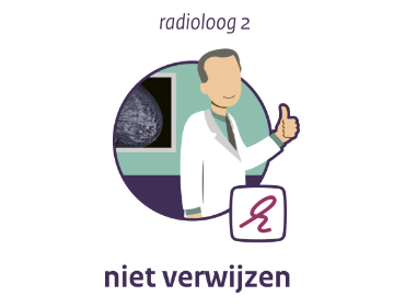 Illustratie: radioloog 2 met duim omhoog, alles is goed, patient niet verwijzen voor verder onderzoek.