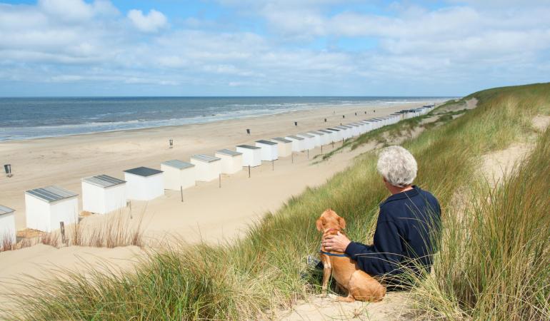 Man met hond op strand