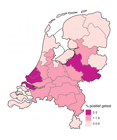 Percentage positieve testen op de GGD testlocaties, per GGD regio, sinds 1 juni