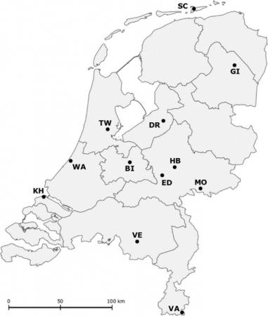 12 gebieden waar elke maand teken zijn gevangen: Bilthoven, Dronten,  Ede, Gieten, Hoog Baarlo, Kwade Hoek, Montferland, Schiermonnikoog, Twiske, Vaals, Veldhoven, Wassenaar
