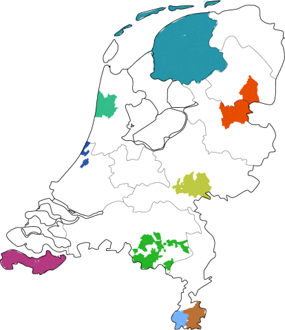 Kaart van Nederland met de negen proeftuinen populatiemanagement