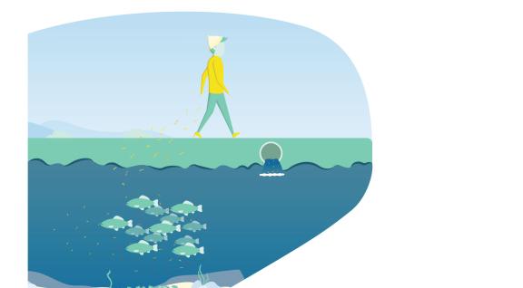 Animatie waarin je persoon ziet lopen op gras, met daaronder de bodem met daaronder waterlaag met zwemmende vissen