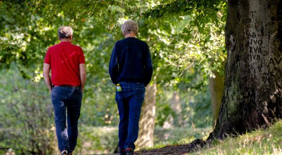 mannen wandelend in het bos