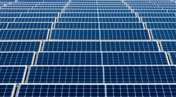 Veld met zonnepanelen op rij