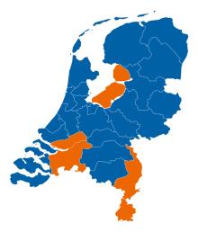 Figuur 1. Geografische weergave van GGD’en die een uitbraakonderzoek verrichtten naar aanleiding van een instelling met maag-darm- en luchtwegklachten in de maand januari 2025 (in oranje).